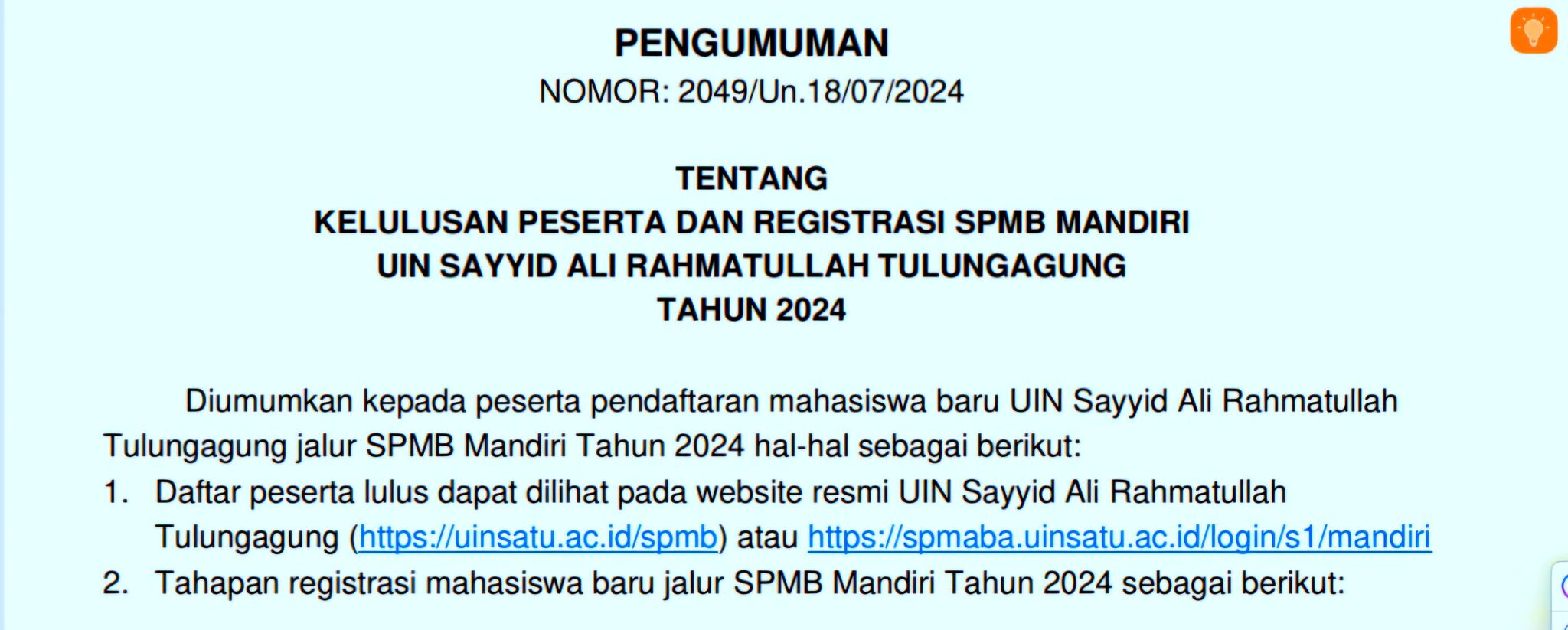Pengumuman Kelulusan dan Registrasi Calon Mahasiswa Baru pada Fakultas Ekonomi dan Bisnis Islam UIN Sayyid Ali Rahmatullah Tulungagung Jalur Mandiri Tahun 2024